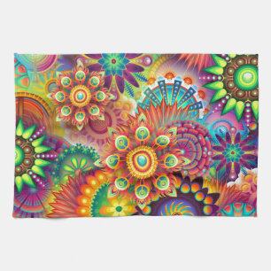 Bright Colourful Abstract Flower Pattern Kitchen Towel