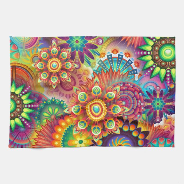 Bright Colourful Abstract Flower Pattern Kitchen Towel (Horizontal)