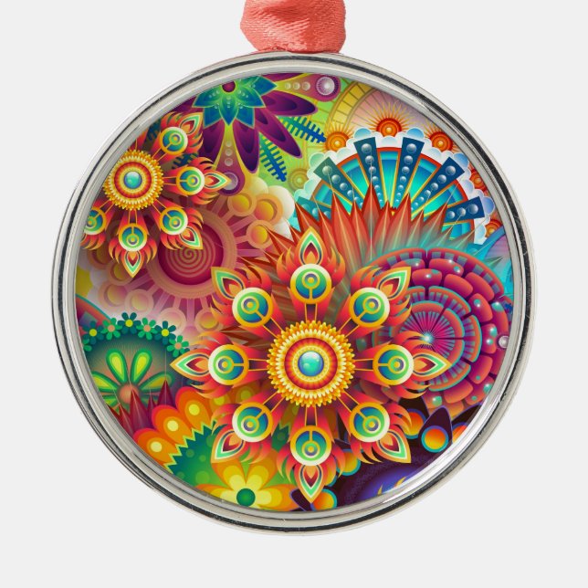 Bright Colourful Abstract Flower Pattern Metal Ornament (Front)