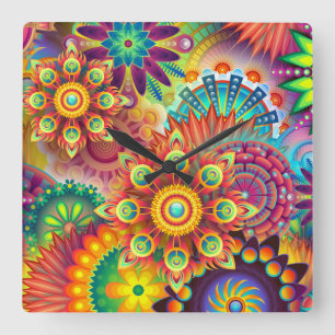 Bright Colourful Abstract Flower Pattern Square Wall Clock