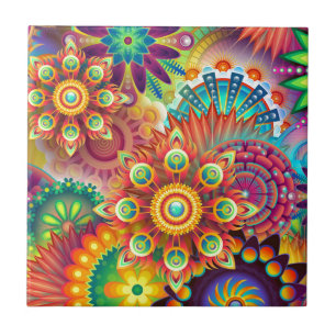 Bright Colourful Abstract Flower Pattern Tile