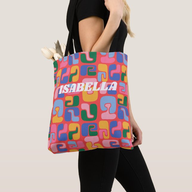 Bright Colourful Abstract Shapes Personalized Name Tote Bag (Close Up)