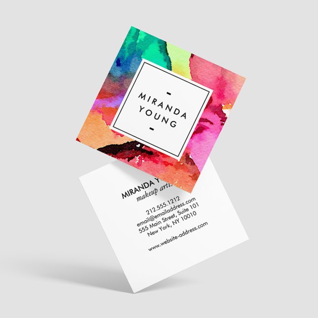 Bright Colourful Abstract Watercolor Art White Square Business Card (Creator Uploaded)