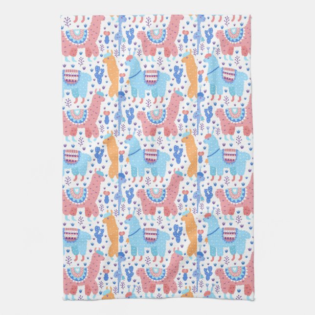 Bright Colourful Alpaca Pattern Kitchen Towel (Vertical)