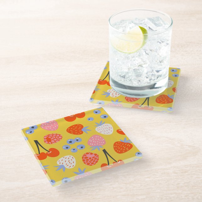 Bright Colourful Berry Fruit Pattern Glass Coaster (Angled)