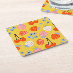 Bright Colourful Berry Fruit Pattern Square Paper Coaster