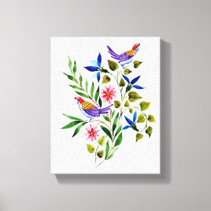 Bright Colourful Birds and Flowers Watercolor  Canvas Print