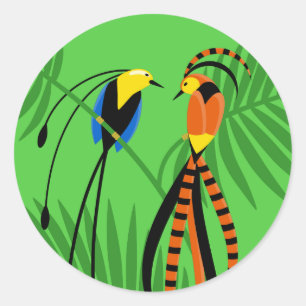 Bright Colourful Birds of Paradise on Green Classic Round Sticker