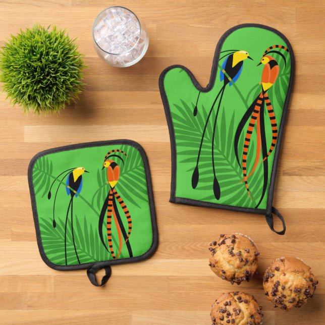 Bright Colourful Birds of Paradise Oven Mitt & Pot Holder Set (Top Down)