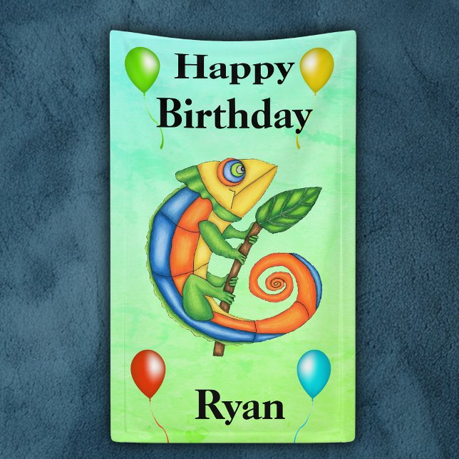 Bright Colourful Birthday Lizard Balloons Kids Banner (Bright Colourful smiling lizard festive balloons streamers on kids Happy Birthday party banner.)