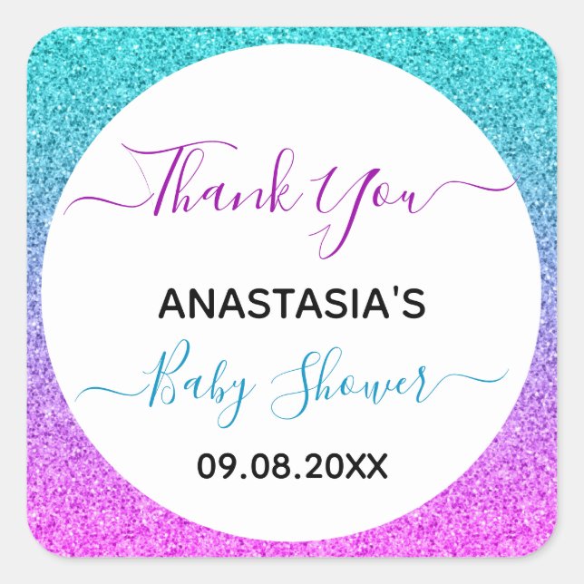 Bright Colourful Blue Purple Thank You Baby Shower Square Sticker (Front)