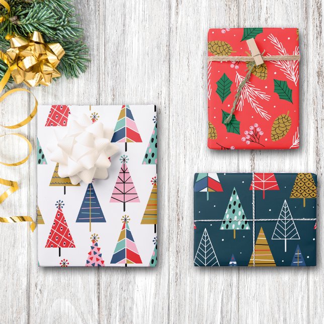 Bright Colourful Boho Christmas Trees Pattern Wrapping Paper Sheet (Creator Uploaded)