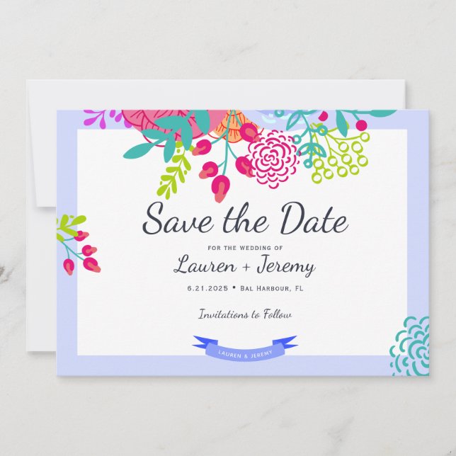 Bright Colourful Bold Spring Floral Sketch Bouquet Save The Date (Front)