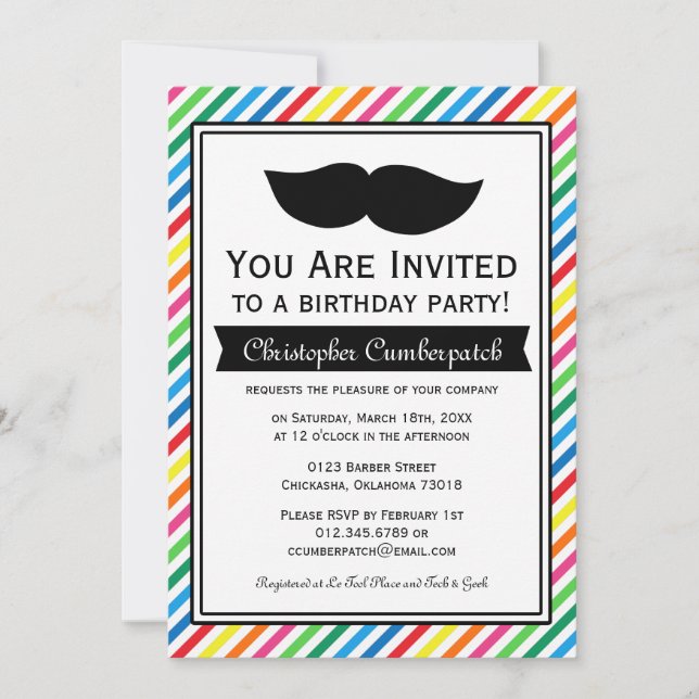 Bright Colourful Boy Moustache Birthday Party Invitation (Front)
