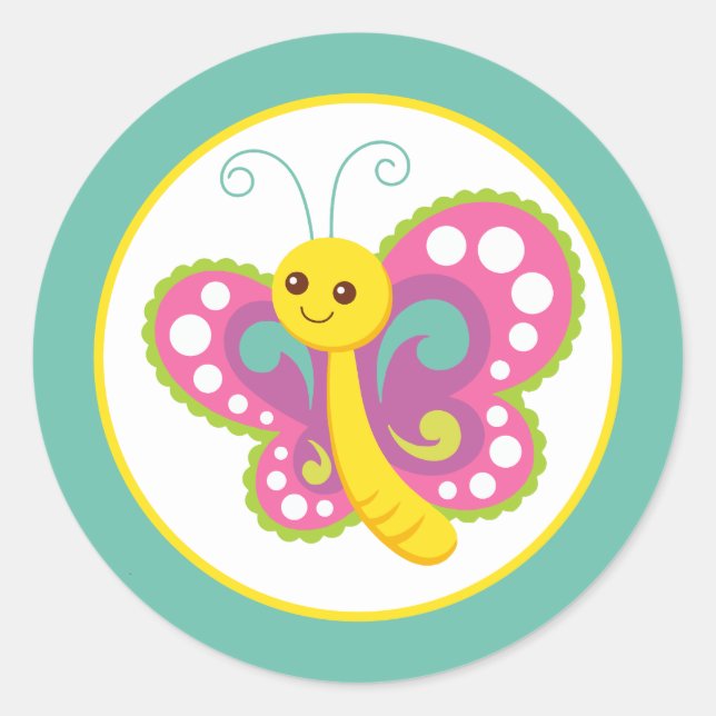 Bright Colourful Butterfly Kids Cartoon Design Classic Round Sticker (Front)