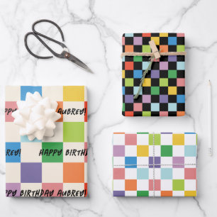 Bright Colourful Chequerboard Custom Birthday Wrapping Paper Sheet