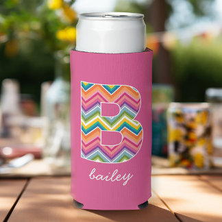 Bright Colourful Chevron Pattern Custom Monogram B Seltzer Can Cooler