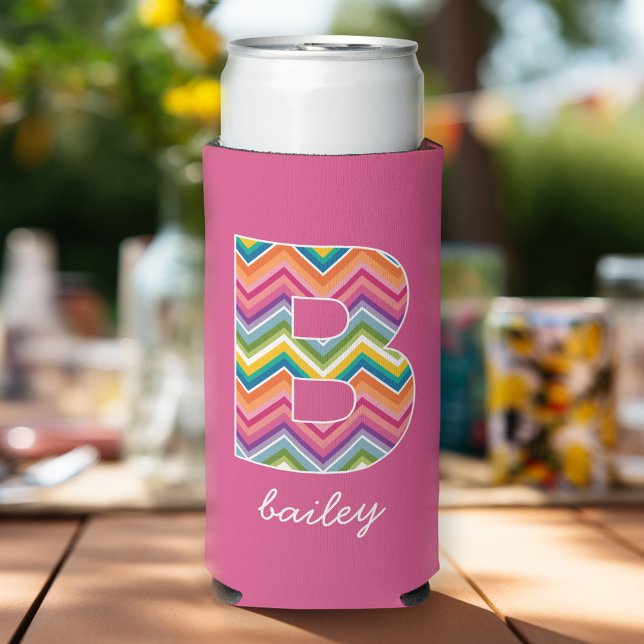 Bright Colourful Chevron Pattern Custom Monogram B Seltzer Can Cooler (Personalized Seltzer Cooler - add custom text and more)