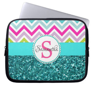 Bright Colourful Chevrons   Teal Turquoise Glitter Laptop Sleeve