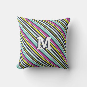 Bright Colourful Diagonal Stripes Pattern Monogram Throw Pillow