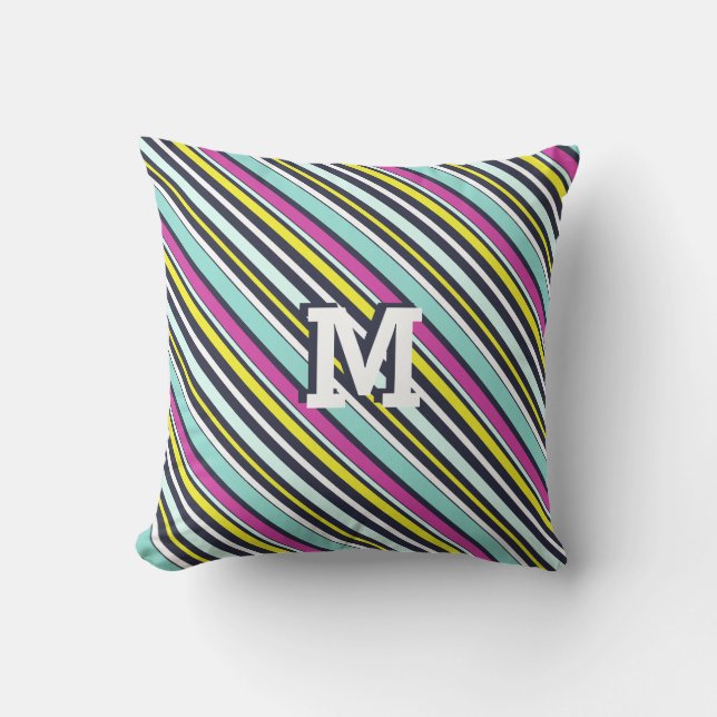 Bright Colourful Diagonal Stripes Pattern Monogram Throw Pillow (Front)