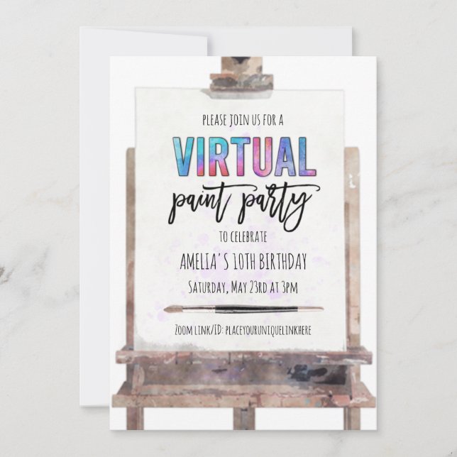 Bright Colourful Easel Virtual Paint Party Birthda Invitation (Front)