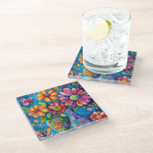 Bright Colourful Floral Glass Coaster