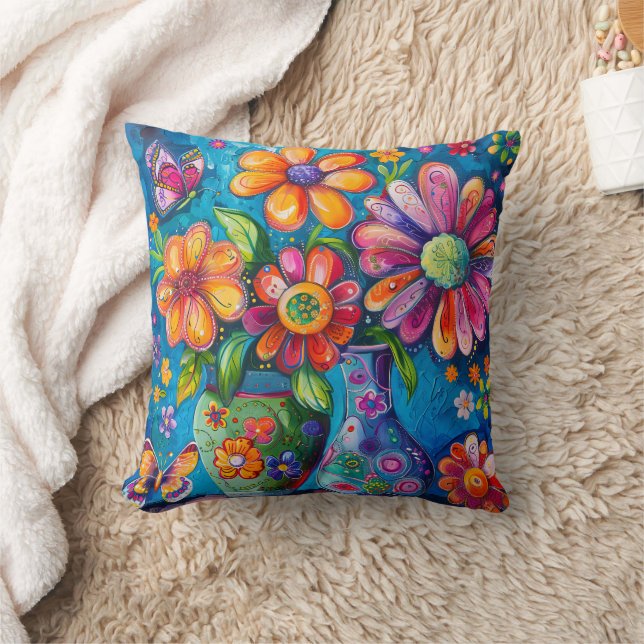 Bright Colourful Floral Throw Pillow (Blanket)