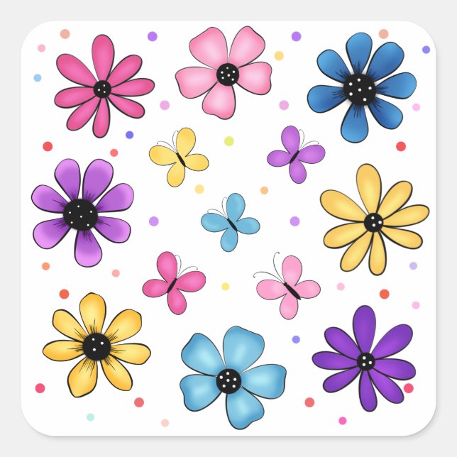 Bright Colourful Flowers and Butterflies Square Sticker (Front)