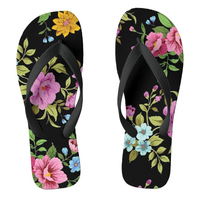 Bright Colourful  Flowers Black Flip Flops (Footbed)