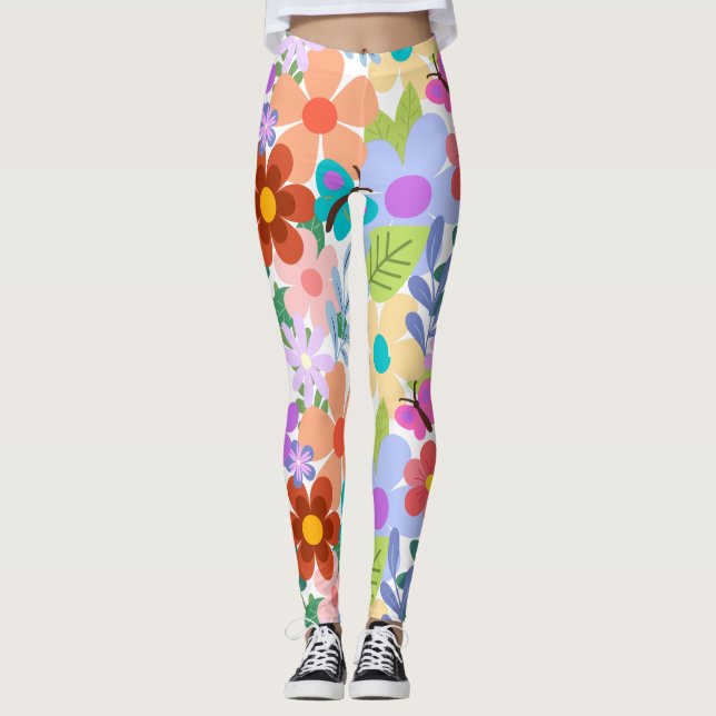 Bright Colourful Flowers Butterflies Leggings (Front)
