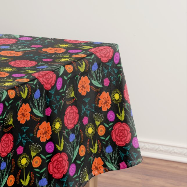 Bright Colourful Flowers on Black 60" x 104" Tablecloth (In Situ)