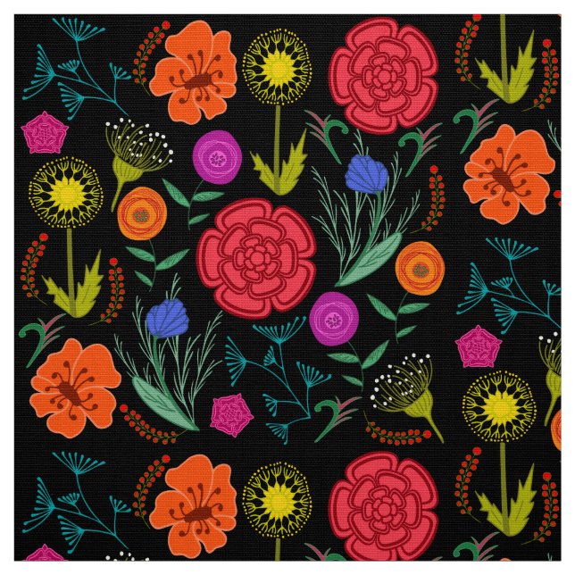 Bright Colourful Flowers on Black Fabric (Swatch)