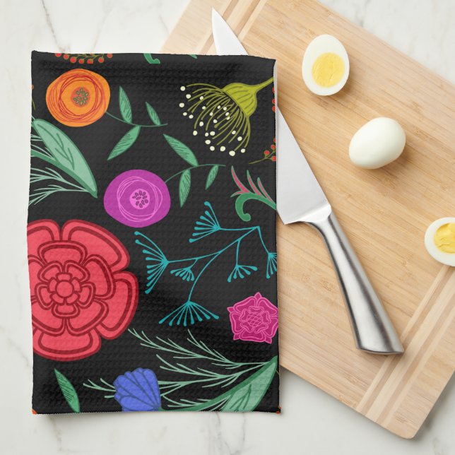 Bright Colourful Flowers on Black Kitchen Towel (Quarter Fold)