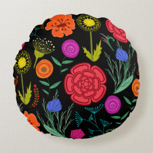 Bright Colourful Flowers on Black Round Pillow