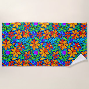 Bright Colourful Folk Art Flowers Beach Towel