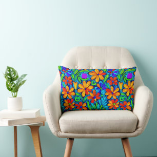 Bright Colourful Folk Art Flowers Lumbar Pillow
