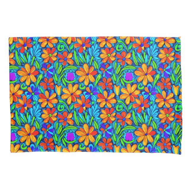 Bright Colourful Folk Art Flowers  Pillowcase (Front)