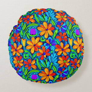Bright Colourful Folk Art Flowers Round Pillow