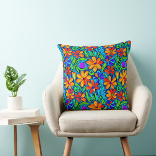 Bright Colourful Folk Art Flowers Throw Pillow