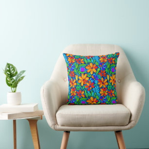 Bright Colourful Folk Art Flowers Throw Pillow