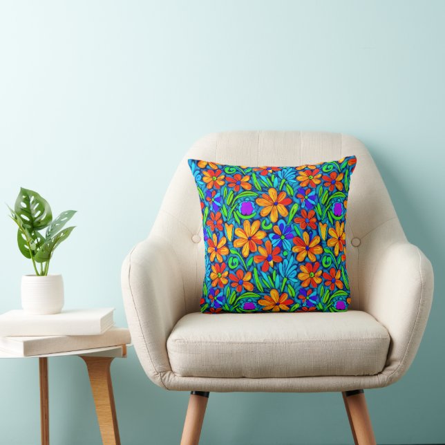 Bright Colourful Folk Art Flowers  Throw Pillow (Chair)