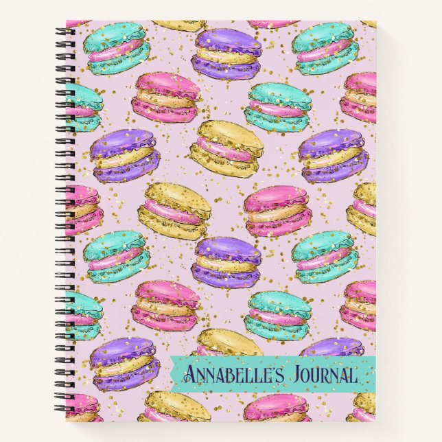 Bright Colourful French Macarons Faux Glitter Name Notebook (Front)