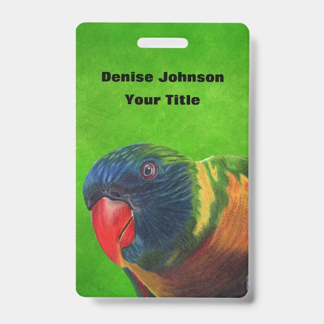 Bright Colourful Head of Macaw Parrot on Green Badge (Front)