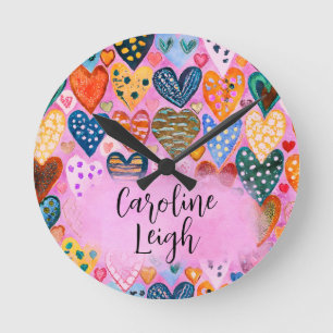 Bright Colourful Hearts Personalized Nursery  Round Clock