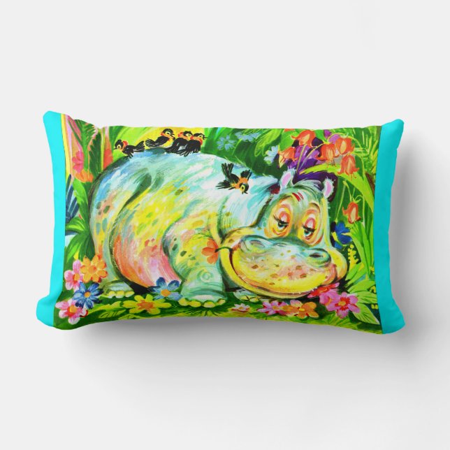 bright colourful hippopotamus and birds lumbar pillow (Front)