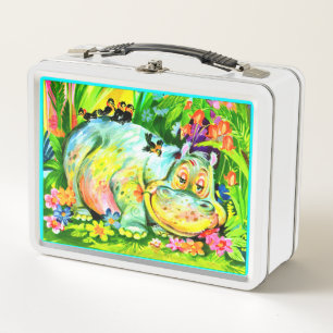 bright colourful hippopotamus and birds metal lunch box