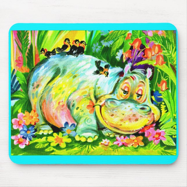 bright colourful hippopotamus and birds mouse pad (Front)