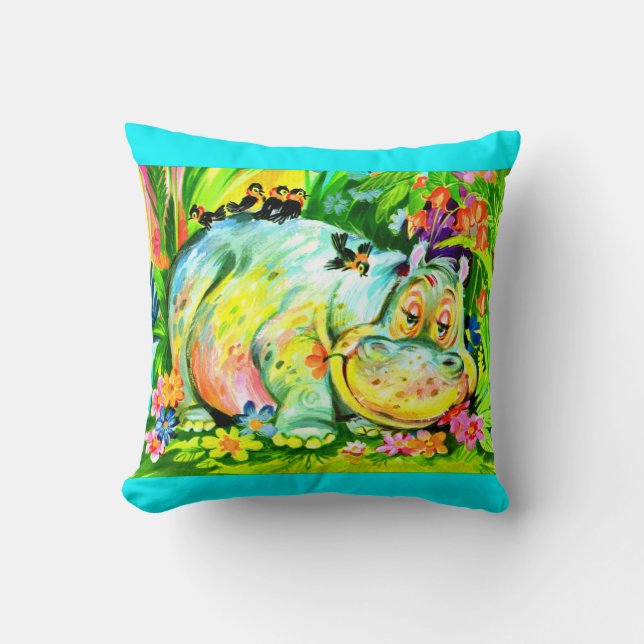 bright colourful hippopotamus and birds throw pillow (Front)