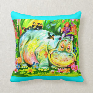 bright colourful hippopotamus and birds throw pillow
